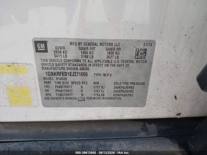 2014 Chevrolet Traverse Ls VIN: 1GNKRFED1EJ271669 Lot: 39613955