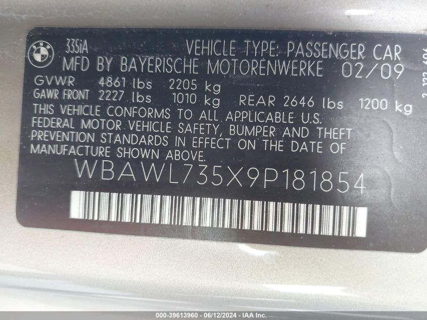 2009 BMW 335I VIN: WBAWL735X9P181854 Lot: 39613960