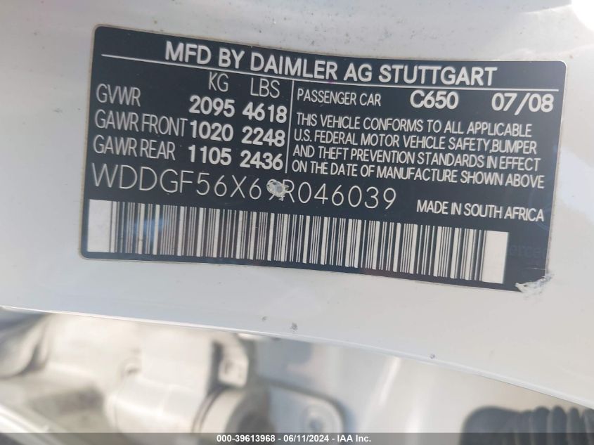 2009 Mercedes-Benz C 350 Sport VIN: WDDGF56X69R046039 Lot: 39613968