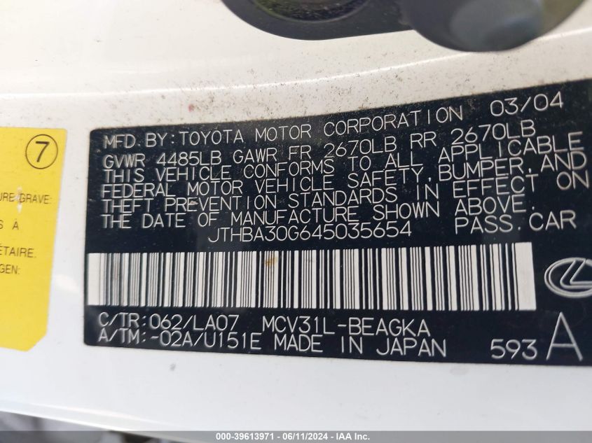 2004 Lexus Es 330 VIN: JTHBA30G645035654 Lot: 39613971