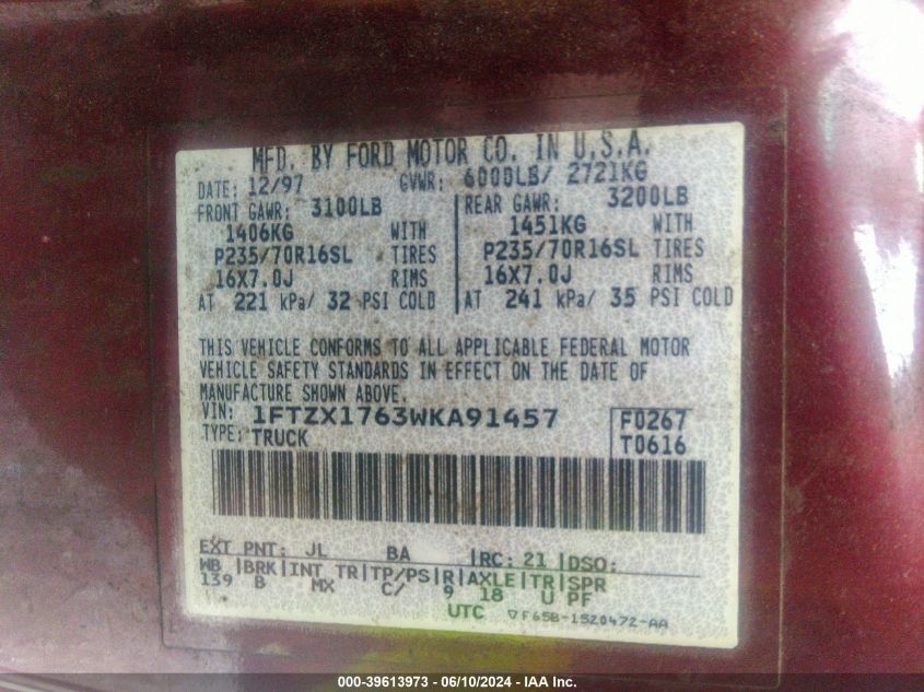 1998 Ford F-150 Lariat/Standard/Xl/Xlt VIN: 1FTZX1763WKA91457 Lot: 39613973