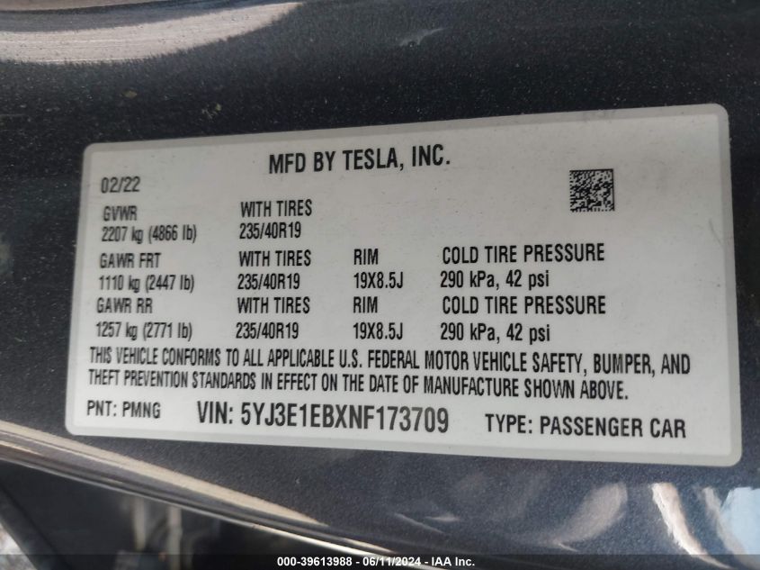 2022 Tesla Model 3 Long Range Dual Motor All-Wheel Drive VIN: 5YJ3E1EBXNF173709 Lot: 39613988