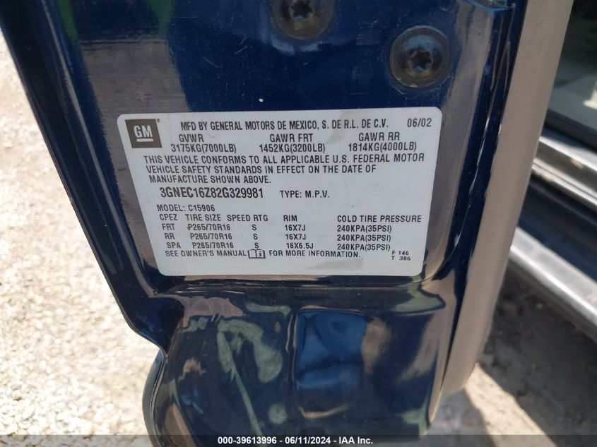 2002 Chevrolet Suburban 1500 Ls VIN: 3GNEC16Z82G329981 Lot: 39613996