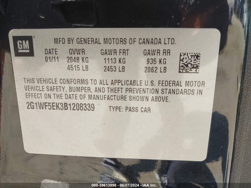 2011 Chevrolet Impala Ls VIN: 2G1WF5EK3B1208339 Lot: 39613998