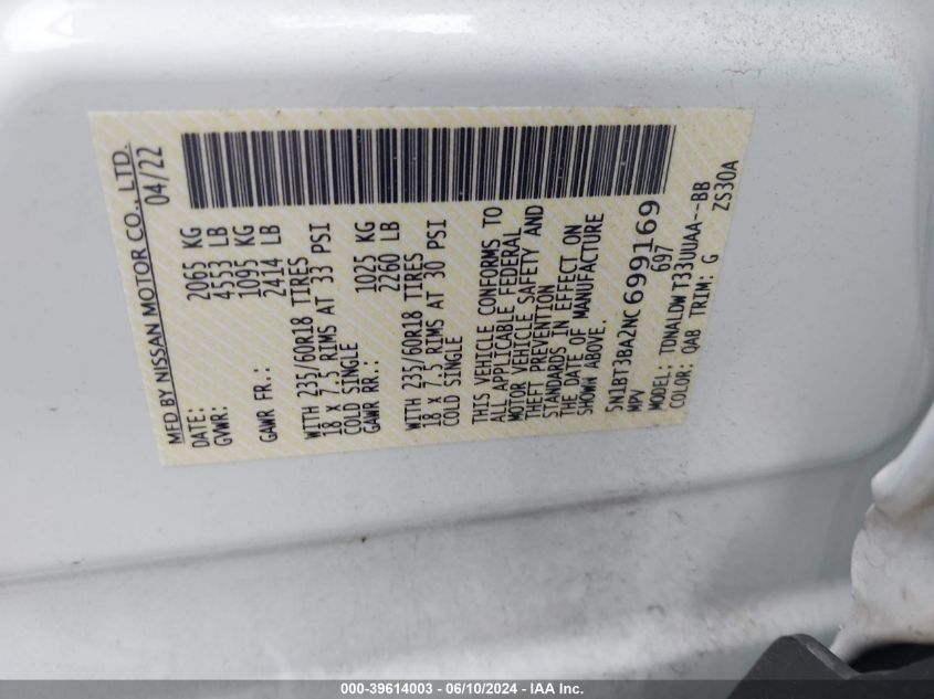 2022 Nissan Rogue Sv Fwd VIN: 5N1BT3BA2NC699169 Lot: 39614003