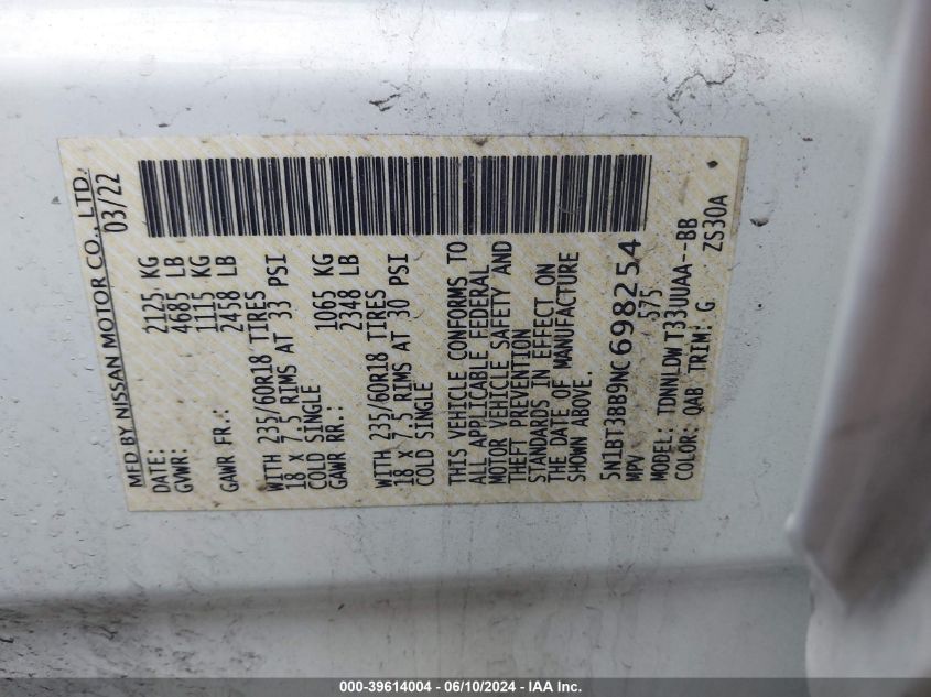 2022 Nissan Rogue Sv Intelligent Awd VIN: 5N1BT3BB9NC698254 Lot: 39614004