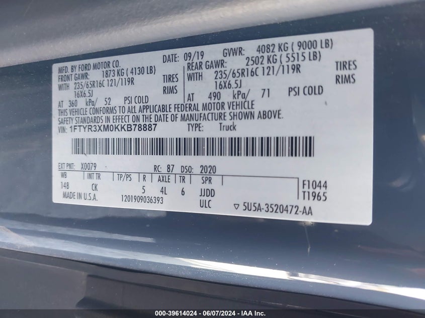 2019 FORD TRANSIT-250 - 1FTYR3XM0KKB78887