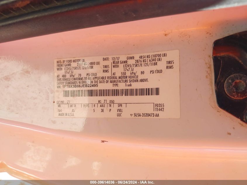 2018 Ford F-350 Xl VIN: 1FT8X3B66JEB22495 Lot: 39614036