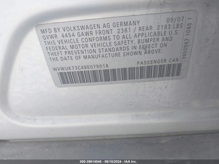 2008 Volkswagen Passat Turbo VIN: WVWUK73C48E079018 Lot: 39614045