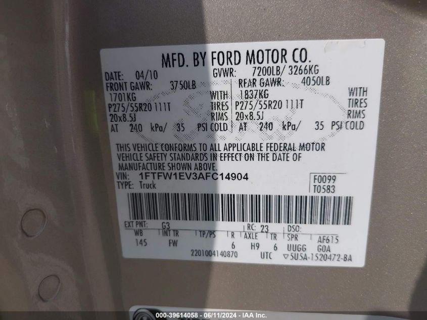 2010 Ford F-150 Fx4/Harley-Davidson/King Ranch/Lariat/Platinum/Xl/Xlt VIN: 1FTFW1EV3AFC14904 Lot: 39614058