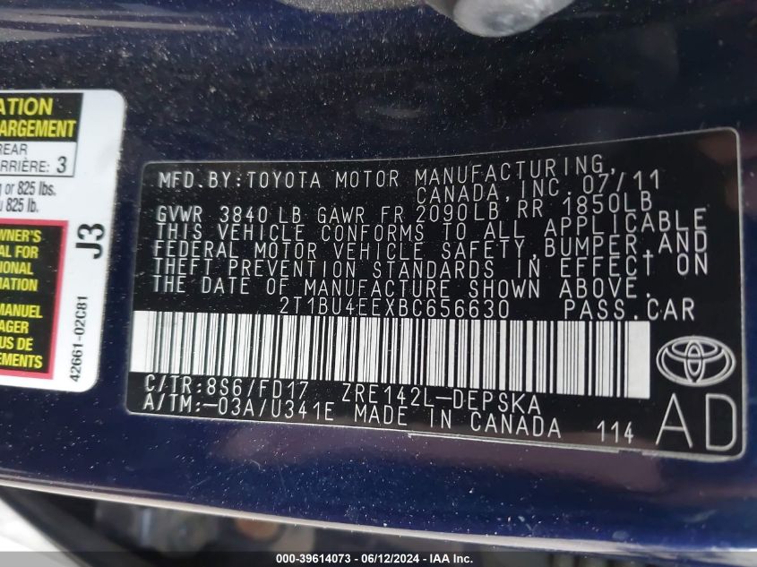 2011 Toyota Corolla S VIN: 2T1BU4EEXBC656630 Lot: 39614073