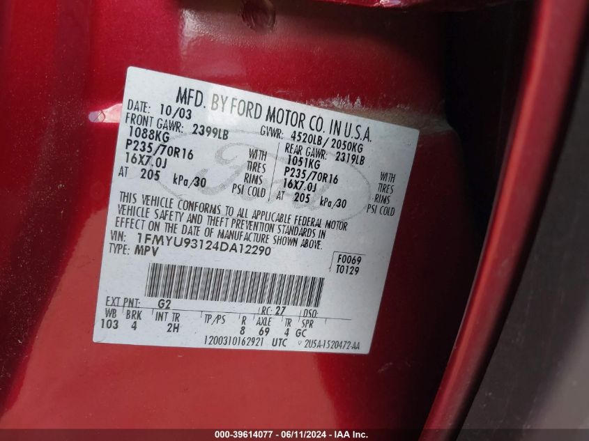 2004 Ford Escape Xlt VIN: 1FMYU93124DA12290 Lot: 39614077