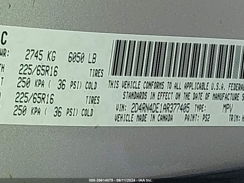 2010 Dodge Grand Caravan Se VIN: 2D4RN4DE1AR377405 Lot: 39614079