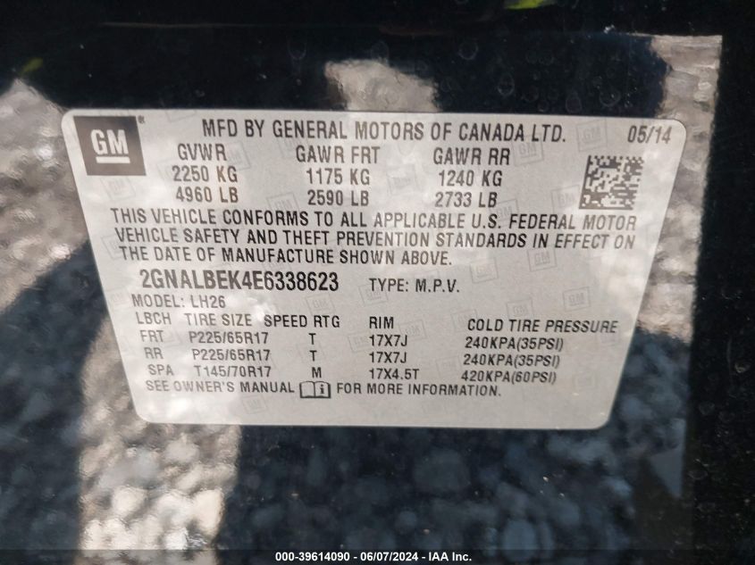 2014 Chevrolet Equinox 1Lt VIN: 2GNALBEK4E6338623 Lot: 39614090