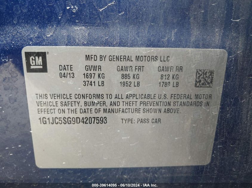 2013 Chevrolet Sonic Lt Auto VIN: 1G1JC5SG9D4207593 Lot: 39614095