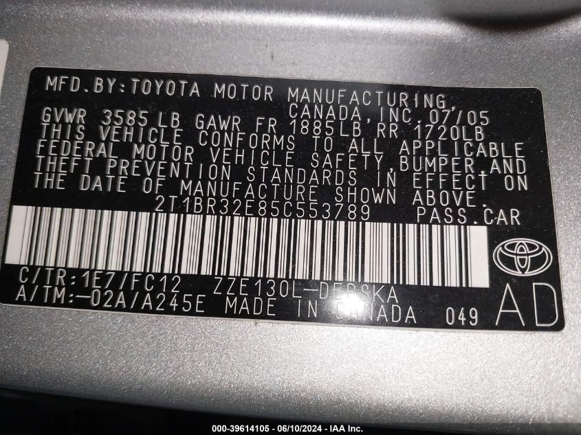 2005 Toyota Corolla S VIN: 2T1BR32E85C553789 Lot: 39614105