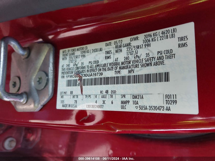 2013 Ford Escape Se VIN: 1FMCU0GX3DUA16739 Lot: 39614108