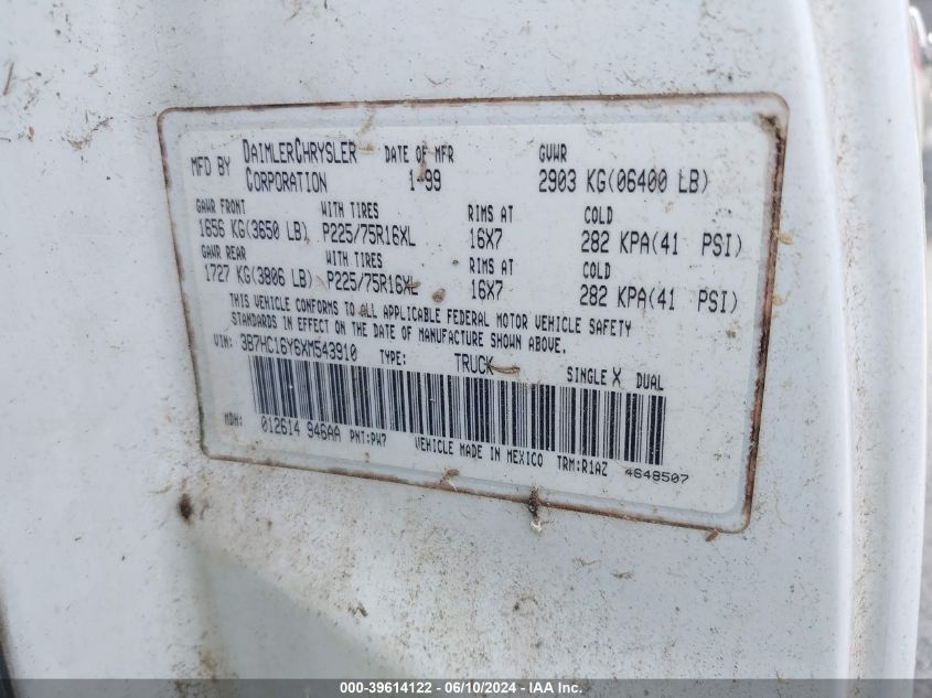 1999 Dodge Ram 1500 St VIN: 3B7HC16Y6XM543910 Lot: 39614122