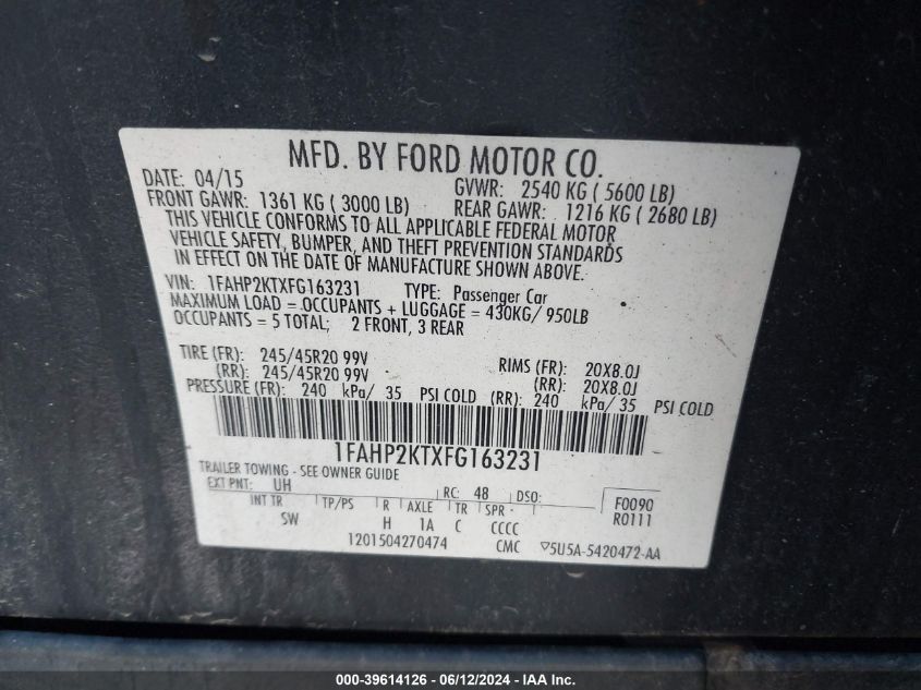 2015 Ford Taurus Sho VIN: 1FAHP2KTXFG163231 Lot: 39614126