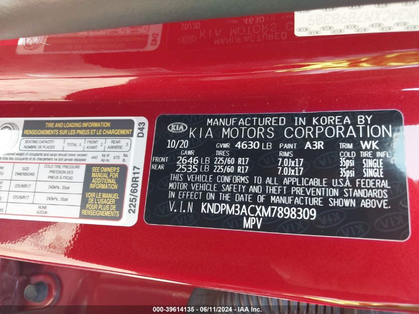 2021 Kia Sportage Lx VIN: KNDPM3ACXM7898309 Lot: 39614135