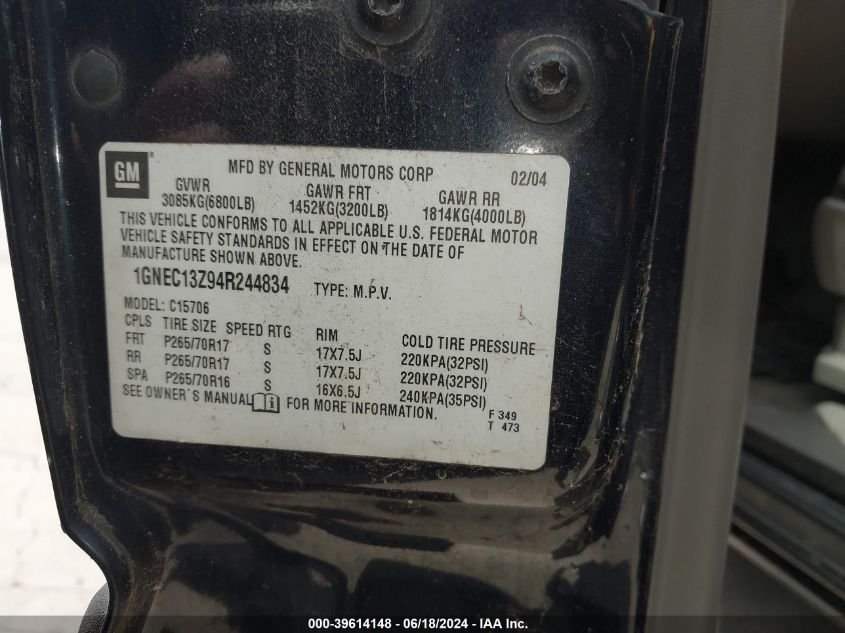 2004 Chevrolet Tahoe Lt VIN: 1GNEC13Z94R244834 Lot: 39614148