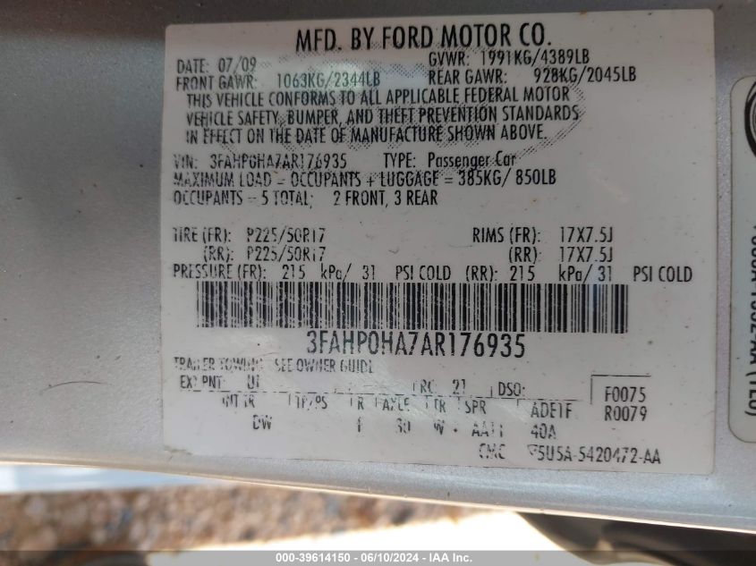 2010 Ford Fusion Se VIN: 3FAHP0HA7AR176935 Lot: 39614150