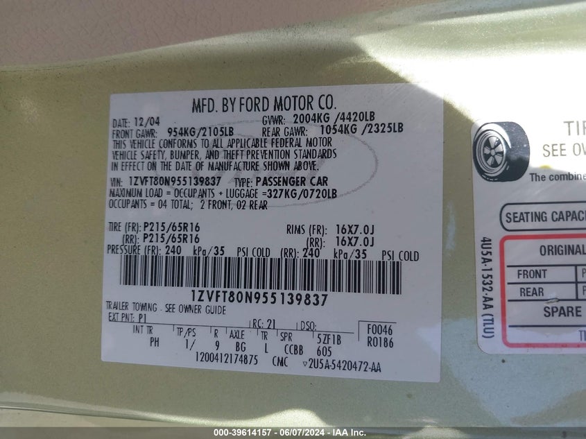 2005 Ford Mustang V6 Deluxe/V6 Premium VIN: 1ZVFT80N955139837 Lot: 39614157
