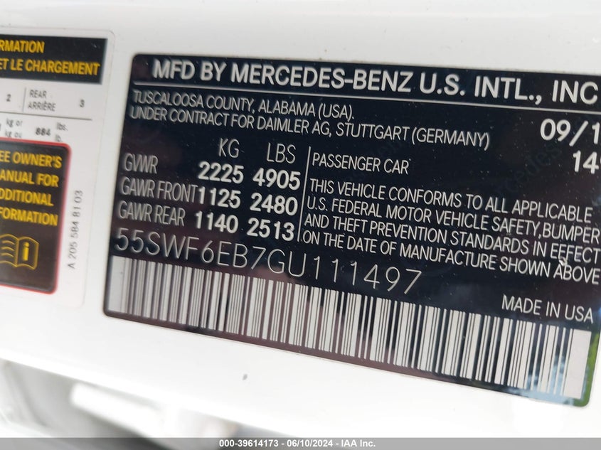 2016 Mercedes-Benz C 450 Amg 4Matic VIN: 55SWF6EB7GU111497 Lot: 39614173