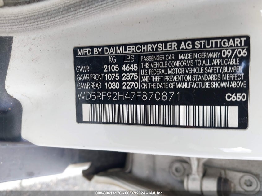 2007 Mercedes-Benz C 280 Luxury 4Matic VIN: WDBRF92H47F870871 Lot: 39614176