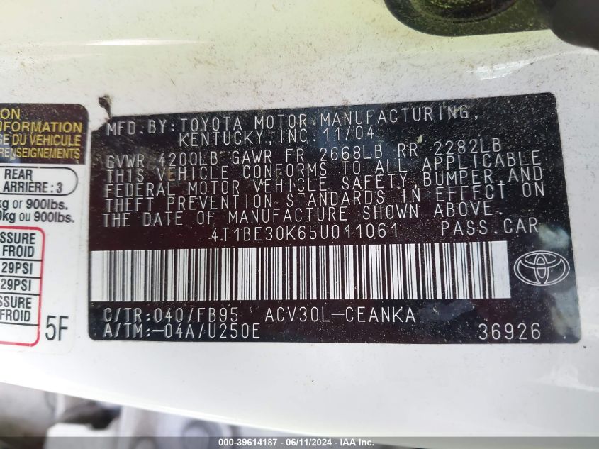 2005 Toyota Camry Le VIN: 4T1BE30K65U011061 Lot: 39614187