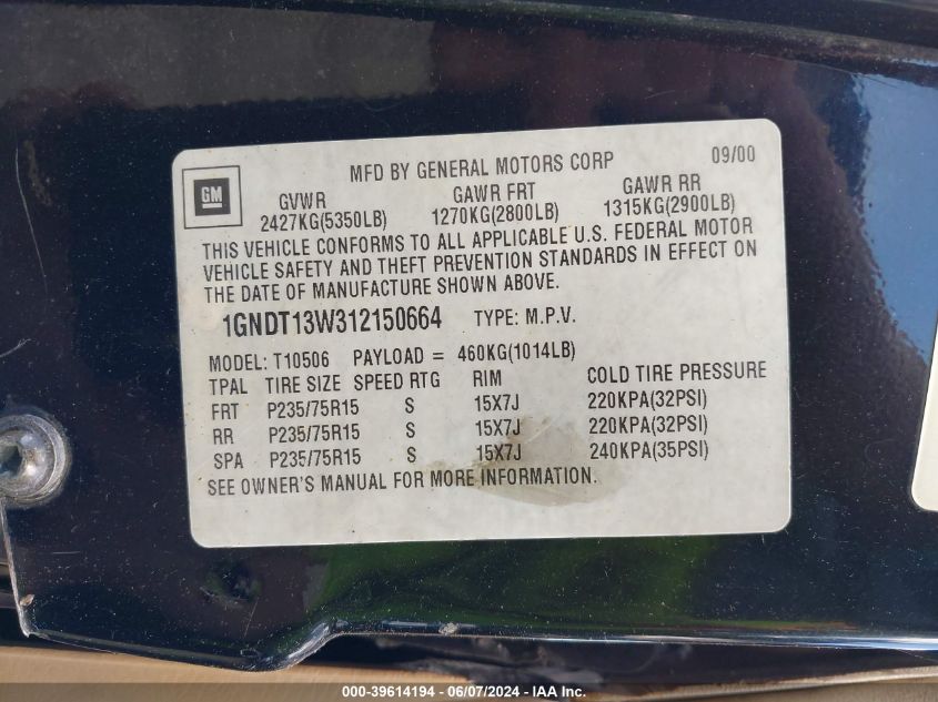 2001 Chevrolet Blazer Trailblazer VIN: 1GNDT13W312150664 Lot: 39614194