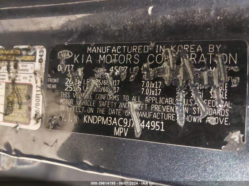 2018 Kia Sportage Lx VIN: KNDPM3AC9J7344951 Lot: 39614195