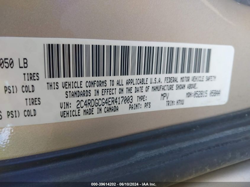 2014 Dodge Grand Caravan Sxt VIN: 2C4RDGCG4ER417003 Lot: 39614202