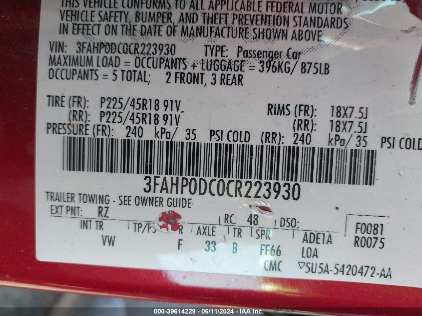 2012 Ford Fusion Sport VIN: 3FAHP0DC0CR223930 Lot: 39614229