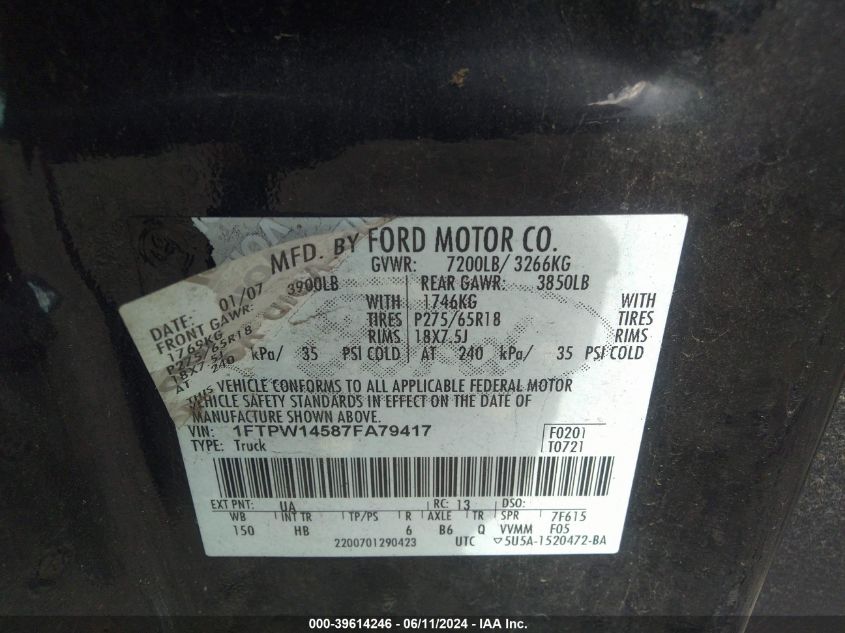 2007 Ford F-150 Fx4/Lariat/Xlt VIN: 1FTPW14587FA79417 Lot: 39614246