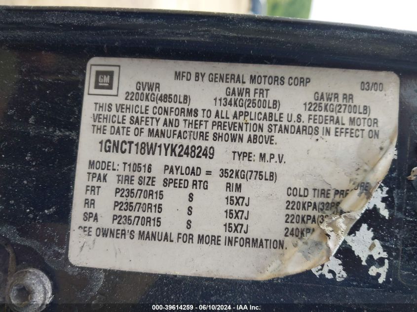 2000 Chevrolet Blazer Ls VIN: 1GNCT18W1YK248249 Lot: 39614259