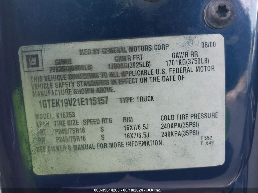 2001 GMC Sierra 1500 Sle VIN: 1GTEK19V21E115157 Lot: 39614263