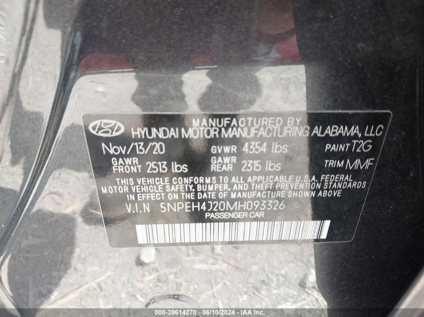 2021 Hyundai Sonata Limited VIN: 5NPEH4J20MH093326 Lot: 39614270