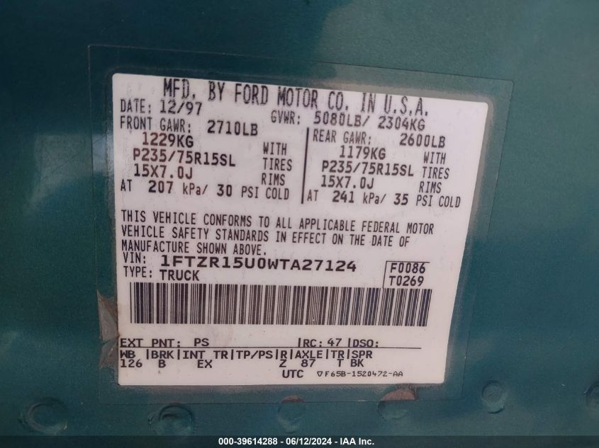 1998 Ford Ranger Splash/Xl/Xlt VIN: 1FTZR15U0WTA27124 Lot: 39614288