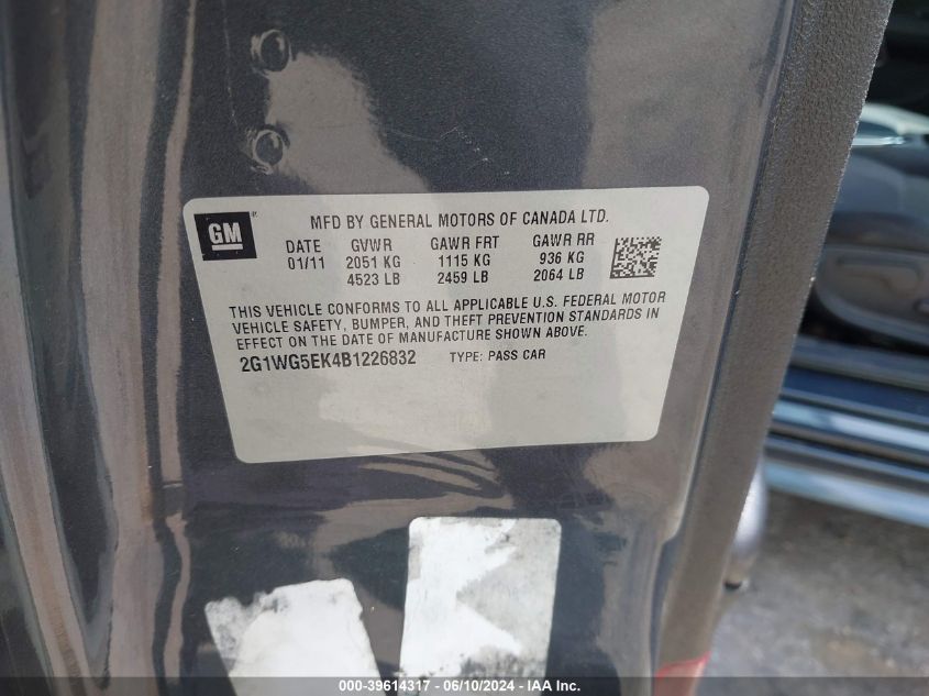 2011 Chevrolet Impala Lt VIN: 2G1WG5EK4B1226832 Lot: 39614317