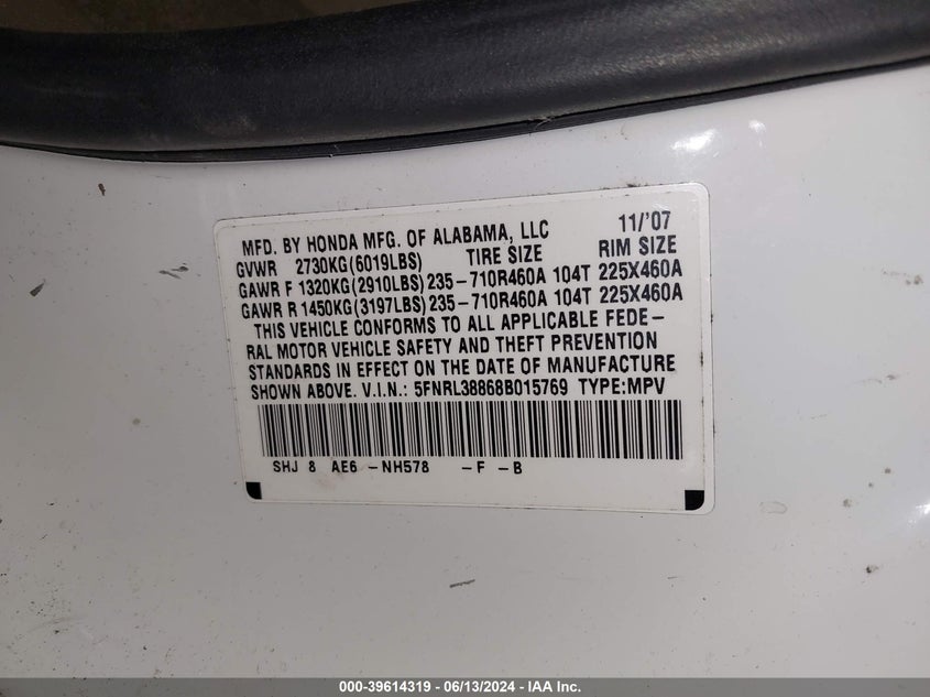 2008 Honda Odyssey Touring VIN: 5FNRL38868B015769 Lot: 39614319