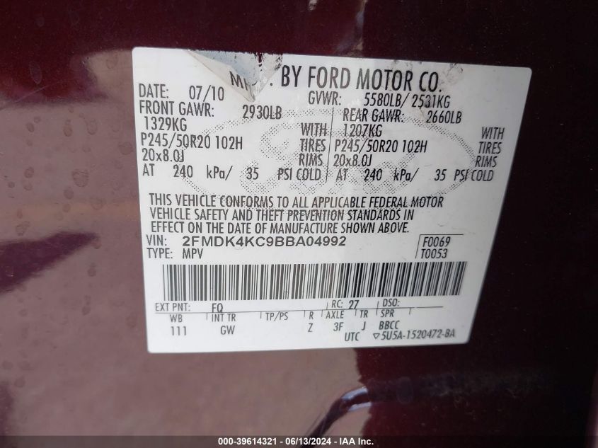 2011 Ford Edge Limited VIN: 2FMDK4KC9BBA04992 Lot: 39614321