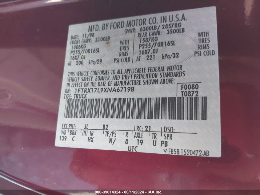 1999 Ford F-150 Lariat/Xl/Xlt VIN: 1FTRX17L9XNA67198 Lot: 39614324