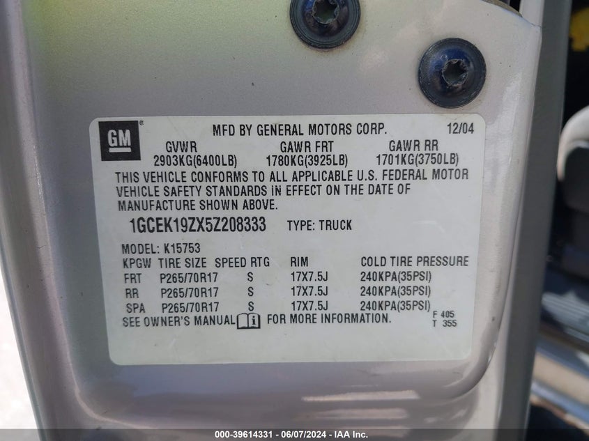 2005 Chevrolet Silverado 1500 Z71 VIN: 1GCEK19ZX5Z208333 Lot: 39614331