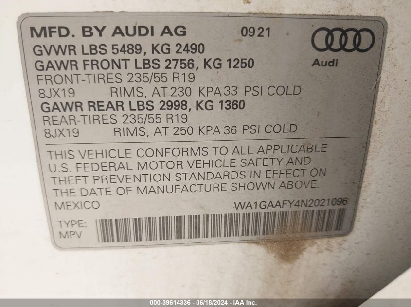 2022 Audi Q5 Premium 45 Tfsi S Line Quattro S Tronic VIN: WA1GAAFY4N2021096 Lot: 39614336