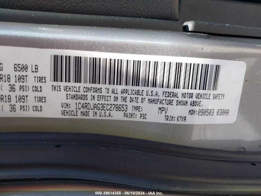 2014 Dodge Durango Sxt VIN: 1C4RDJAG3EC278653 Lot: 39614358