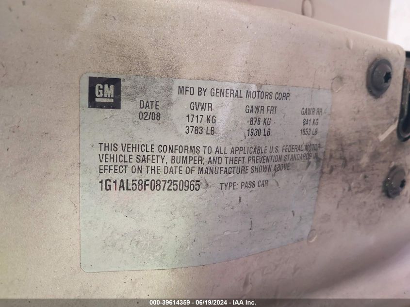 2008 Chevrolet Cobalt Lt VIN: 1G1AL58F087250965 Lot: 39614359