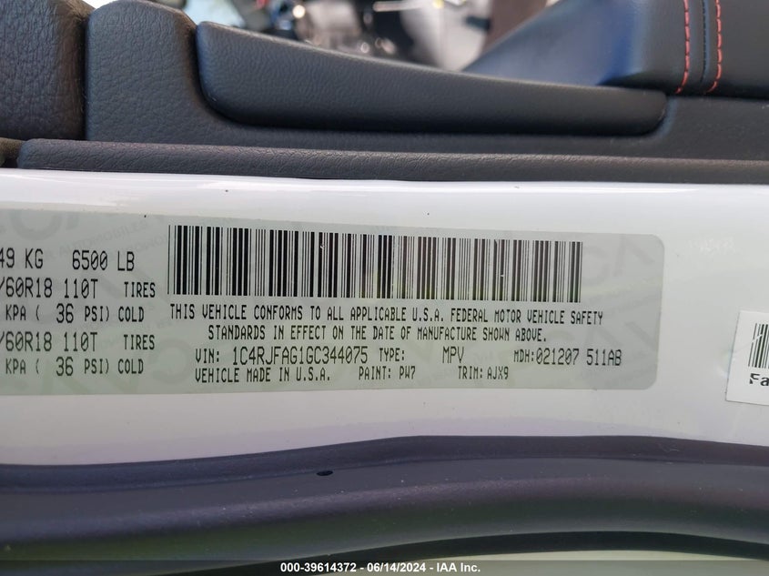 2016 Jeep Grand Cherokee 75Th Anniversary VIN: 1C4RJFAG1GC344075 Lot: 39614372
