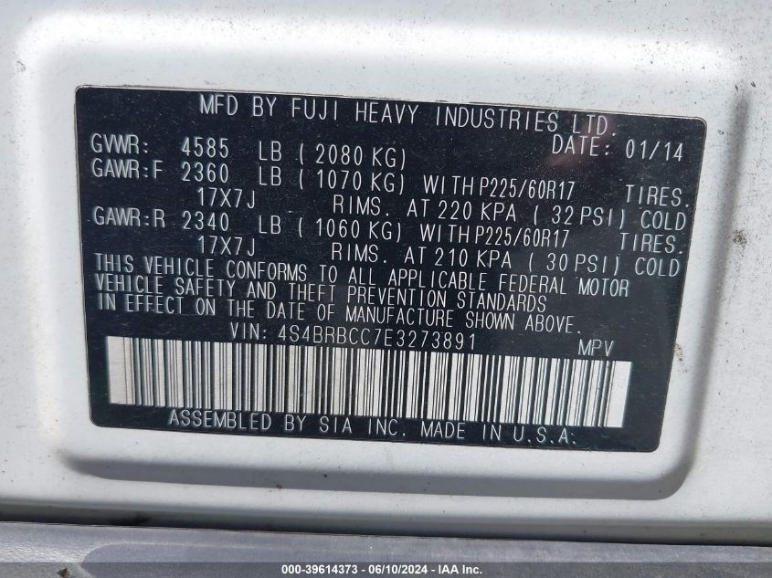 2014 Subaru Outback 2.5I Premium VIN: 4S4BRBCC7E3273891 Lot: 39614373