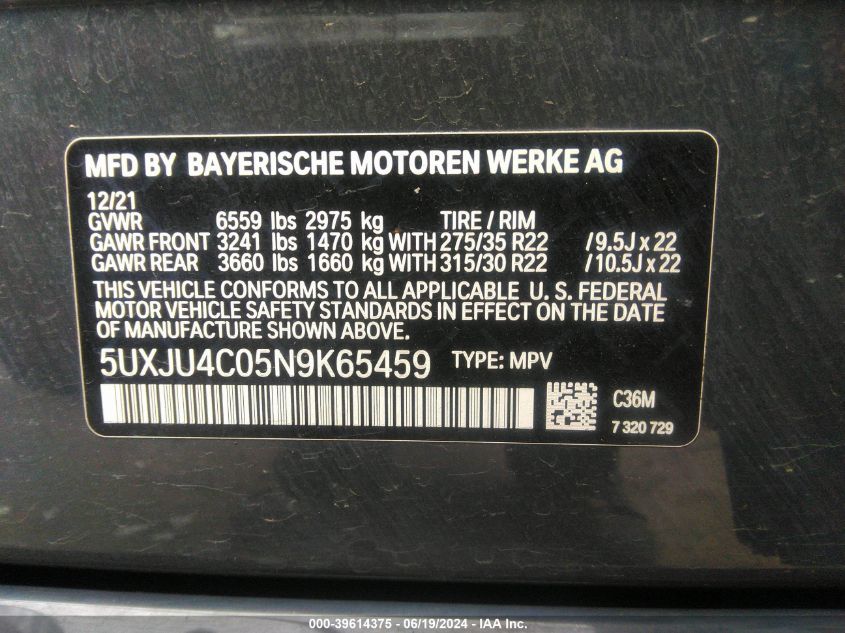 2022 BMW X5 M50I VIN: 5UXJU4C05N9K65459 Lot: 39614375